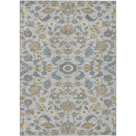Silver And Gray Floral Medallion Washable Indoor Outdoor Area Rug Photo 1