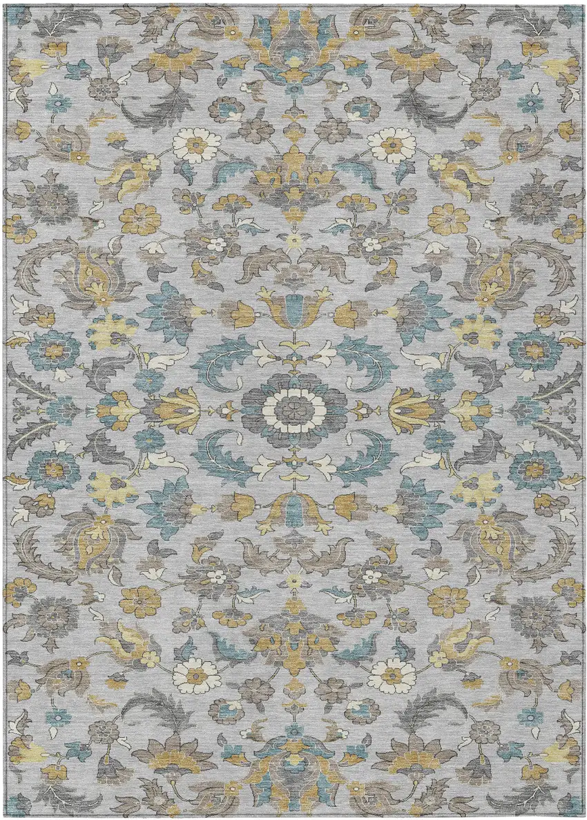 Silver And Gray Floral Medallion Washable Indoor Outdoor Area Rug Photo 1