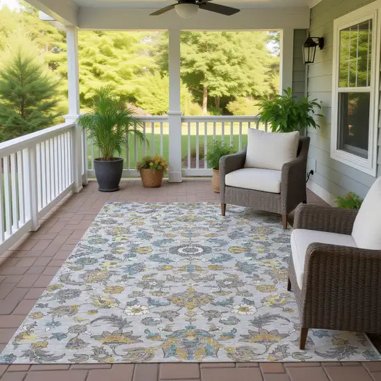 Silver And Gray Floral Medallion Washable Indoor Outdoor Area Rug Photo 4