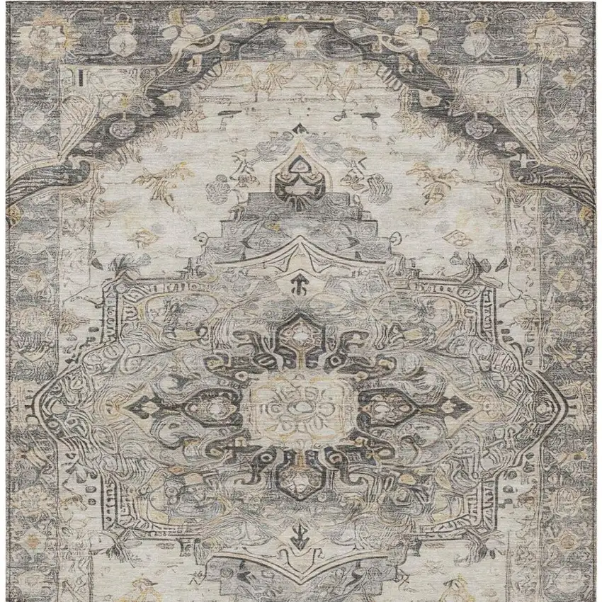 Silver And Gray Floral Medallion Washable Indoor Outdoor Area Rug Photo 6