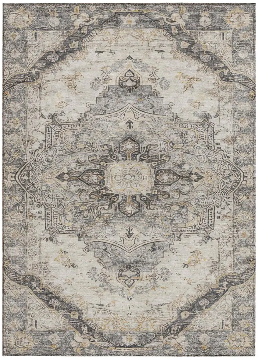 Silver And Gray Floral Medallion Washable Indoor Outdoor Area Rug Photo 2