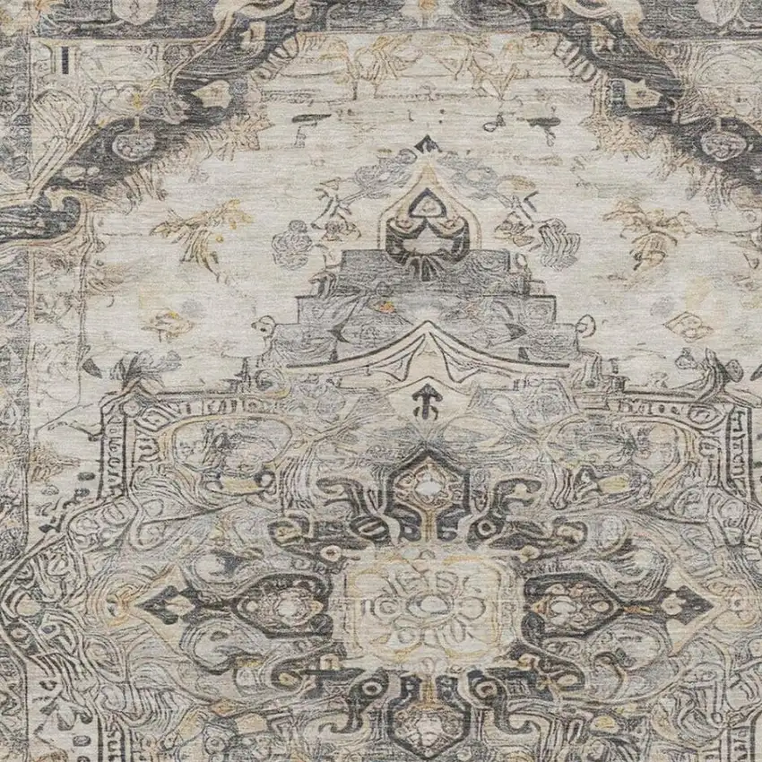 Silver And Gray Floral Medallion Washable Indoor Outdoor Area Rug Photo 1