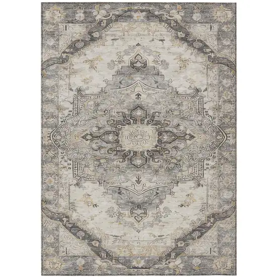 Silver And Gray Floral Medallion Washable Indoor Outdoor Area Rug Photo 3