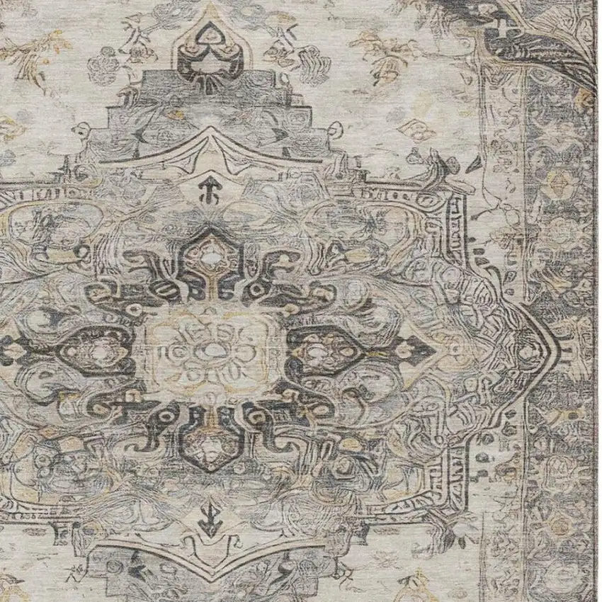 Silver And Gray Floral Medallion Washable Indoor Outdoor Area Rug Photo 6
