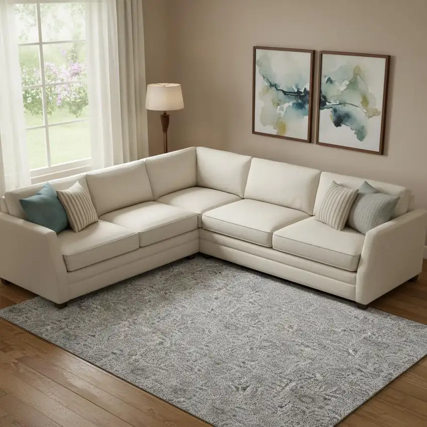 Silver And Gray Floral Washable Area Rug With UV Protection Photo 1