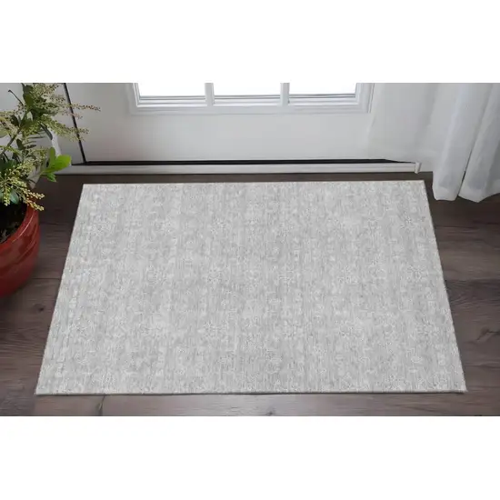 Silver And Gray Floral Washable Area Rug With UV Protection Photo 2