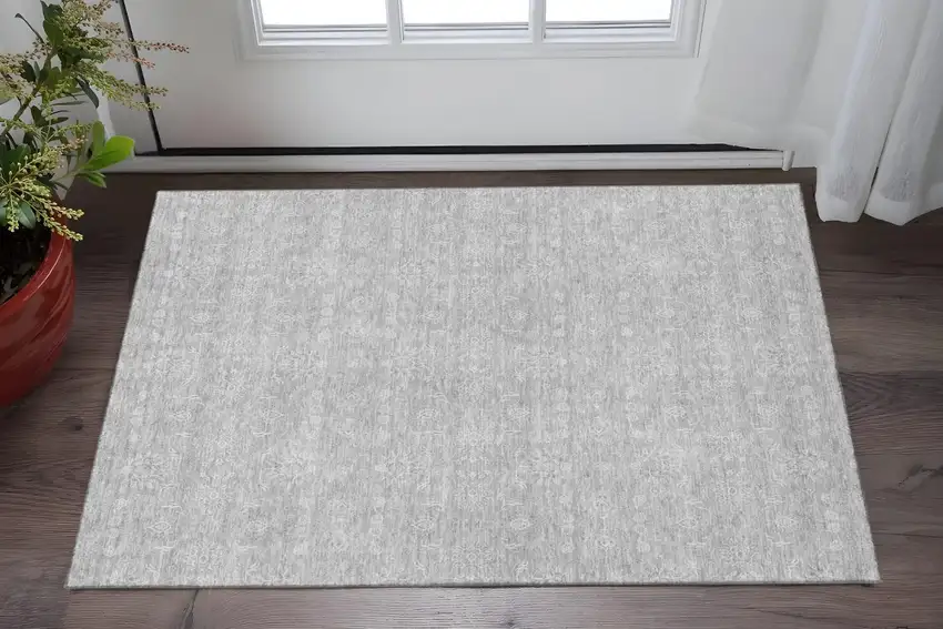Silver And Gray Floral Washable Area Rug With UV Protection Photo 2