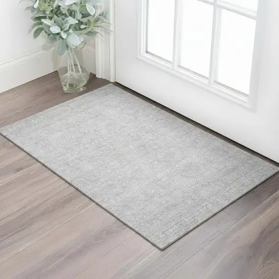 Silver And Gray Floral Washable Area Rug With UV Protection Photo 1
