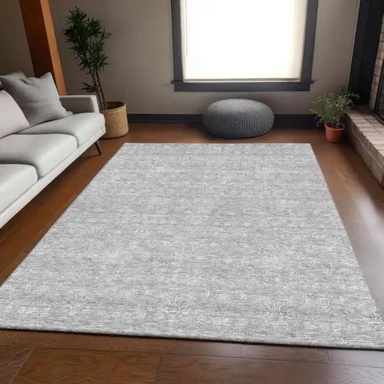 Silver And Gray Floral Washable Area Rug With UV Protection Photo 4