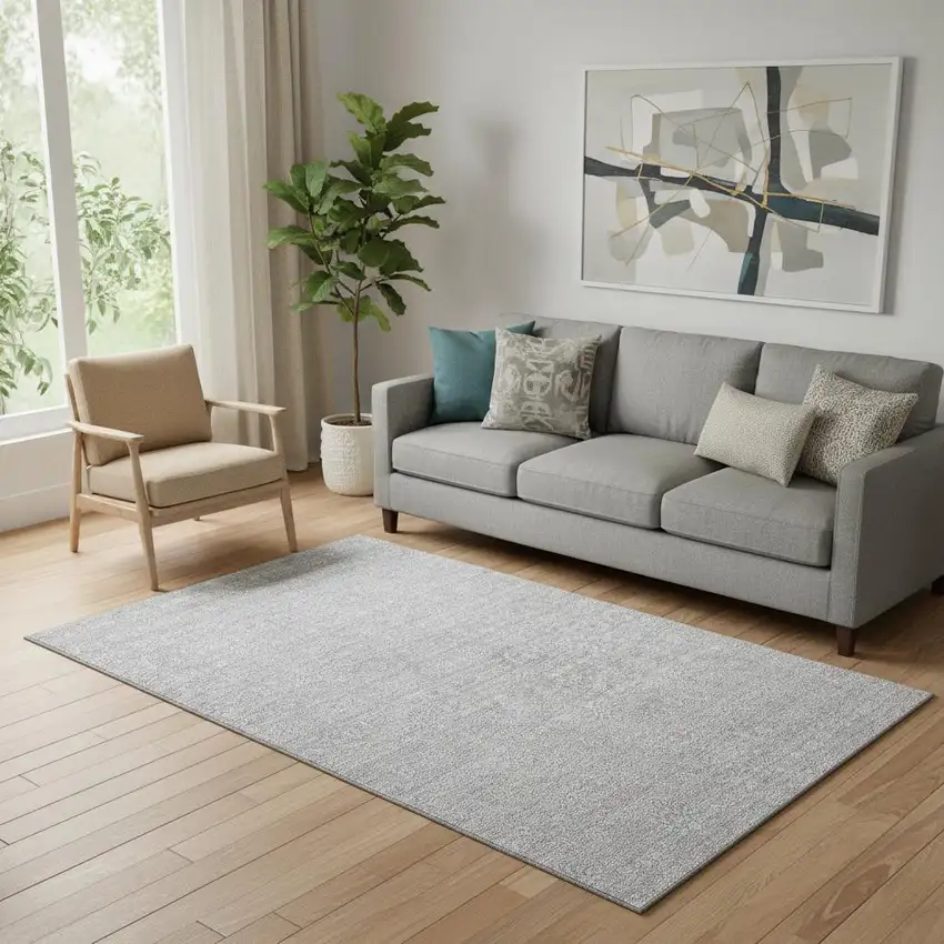 Silver And Gray Floral Washable Area Rug With UV Protection Photo 1