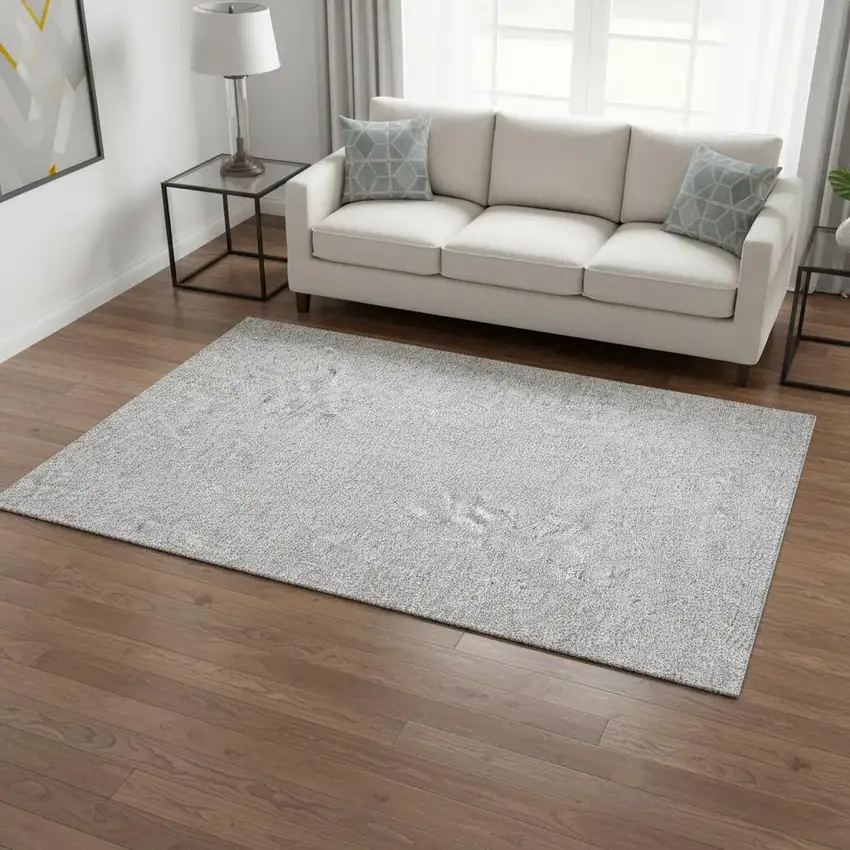 Silver And Gray Floral Washable Area Rug With UV Protection Photo 2