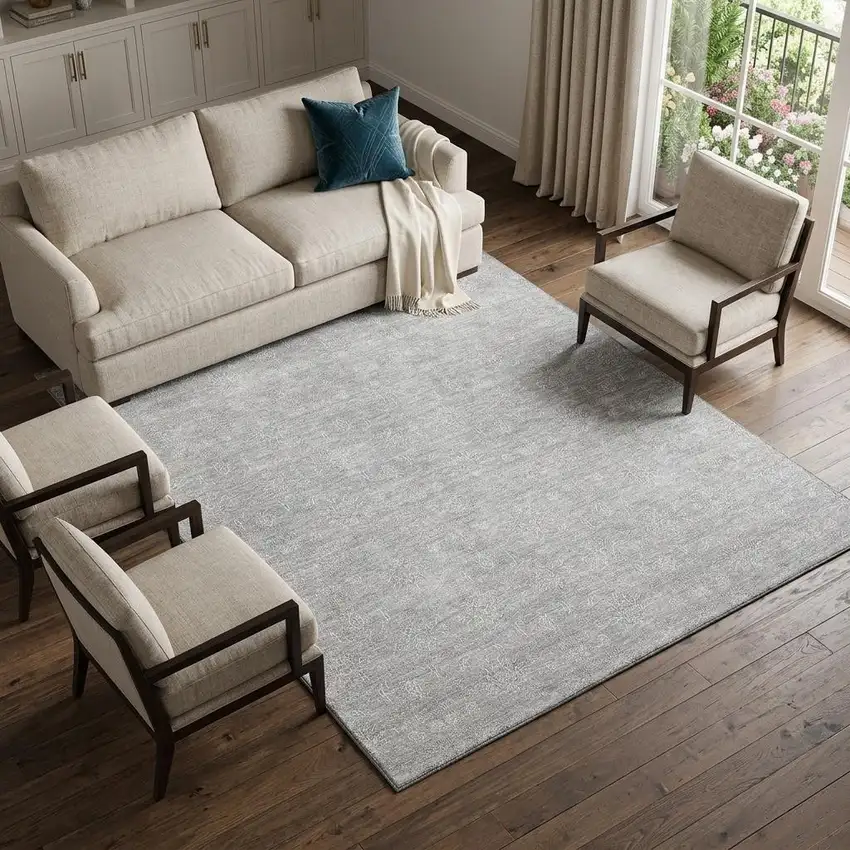Silver And Gray Floral Washable Area Rug With UV Protection Photo 1