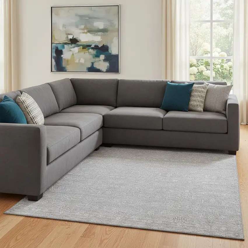 Silver And Gray Floral Washable Area Rug With UV Protection Photo 2