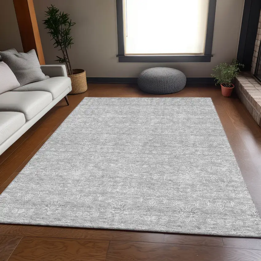 Silver And Gray Floral Washable Area Rug With UV Protection Photo 5