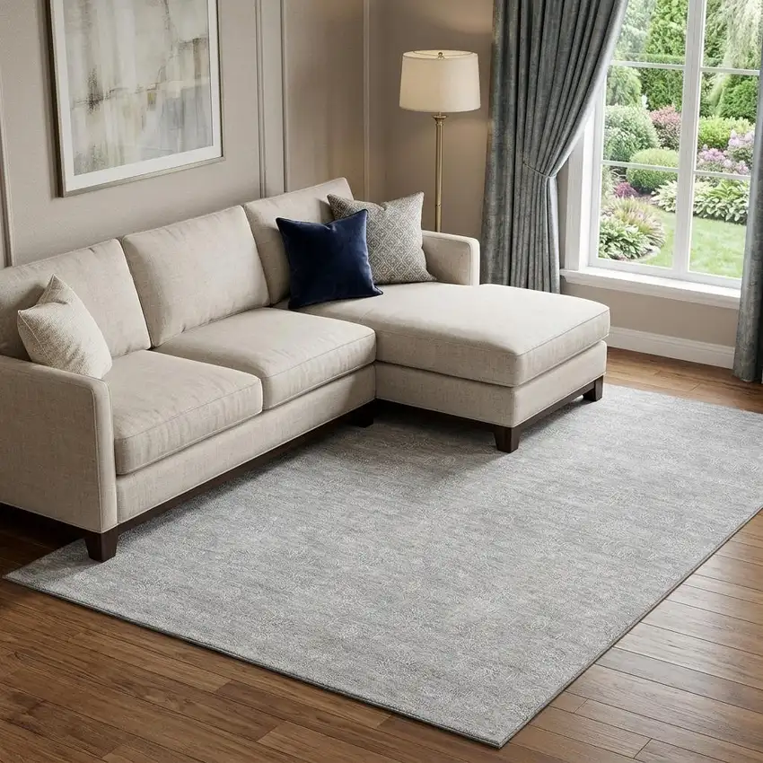 Silver And Gray Floral Washable Area Rug With UV Protection Photo 1