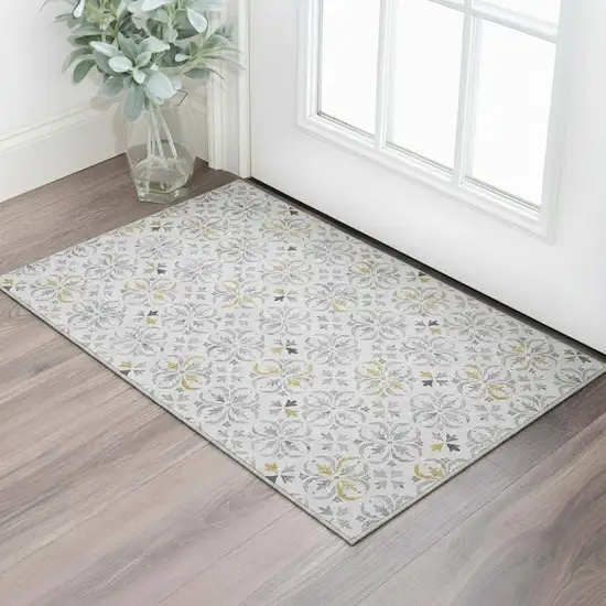Silver And Gray Floral Washable Area Rug With UV Protection Photo 1