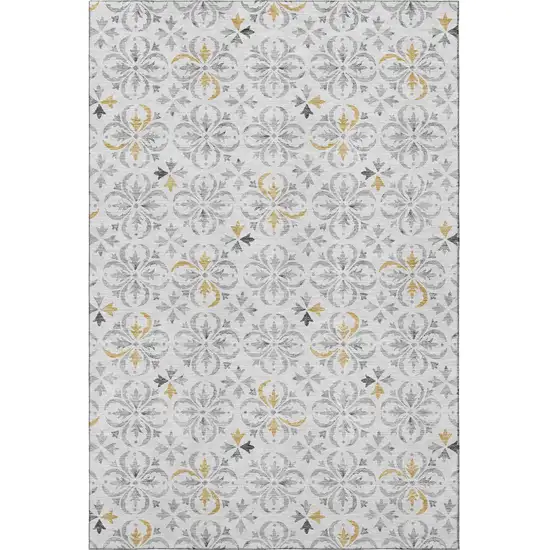 Silver And Gray Floral Washable Area Rug With UV Protection Photo 2