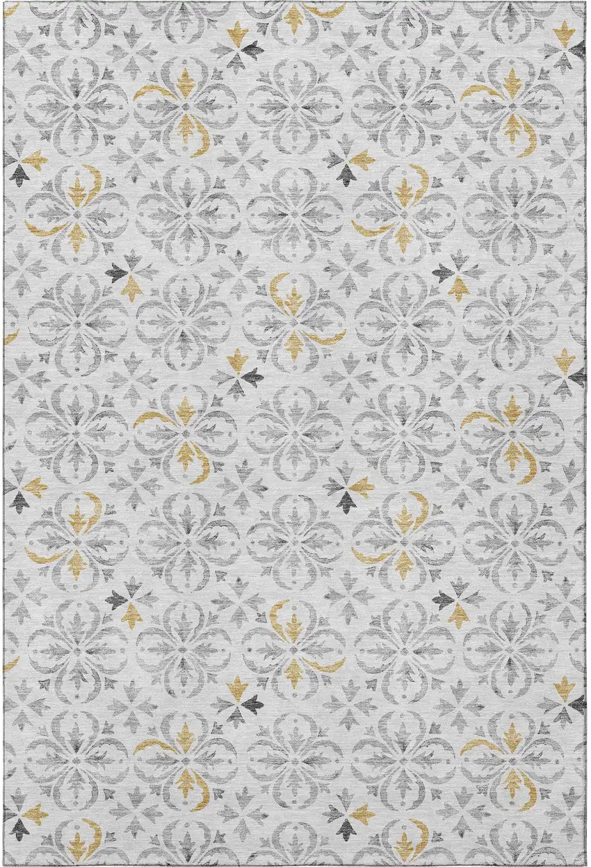 Silver And Gray Floral Washable Area Rug With UV Protection Photo 2