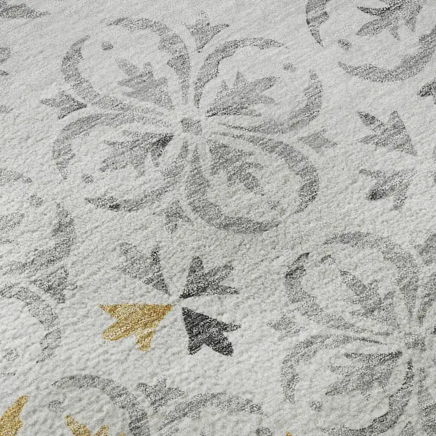 Silver And Gray Floral Washable Area Rug With UV Protection Photo 8