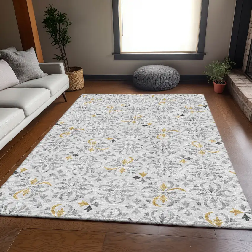 Silver And Gray Floral Washable Area Rug With UV Protection Photo 4