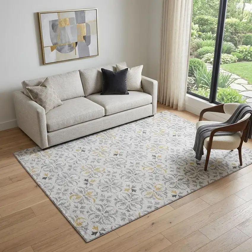 Silver And Gray Floral Washable Area Rug With UV Protection Photo 1