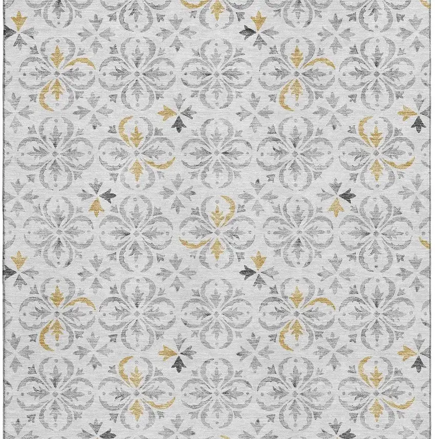Silver And Gray Floral Washable Area Rug With UV Protection Photo 3