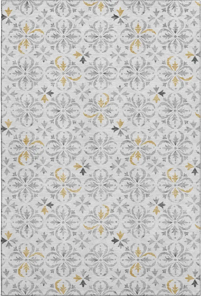 Silver And Gray Floral Washable Area Rug With UV Protection Photo 1
