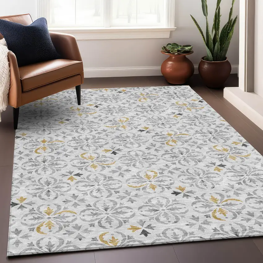 Silver And Gray Floral Washable Area Rug With UV Protection Photo 4