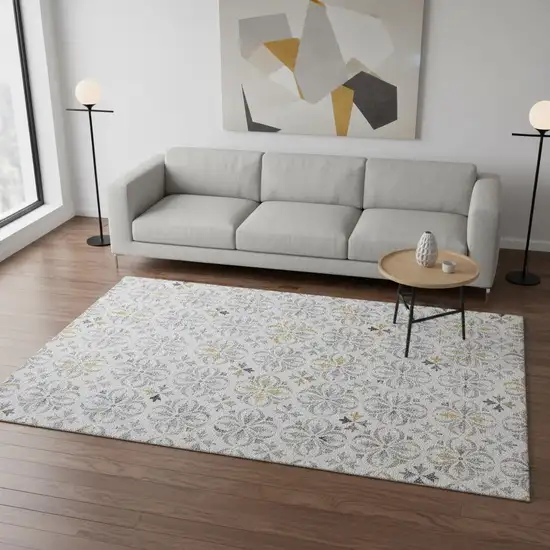Silver And Gray Floral Washable Area Rug With UV Protection Photo 2