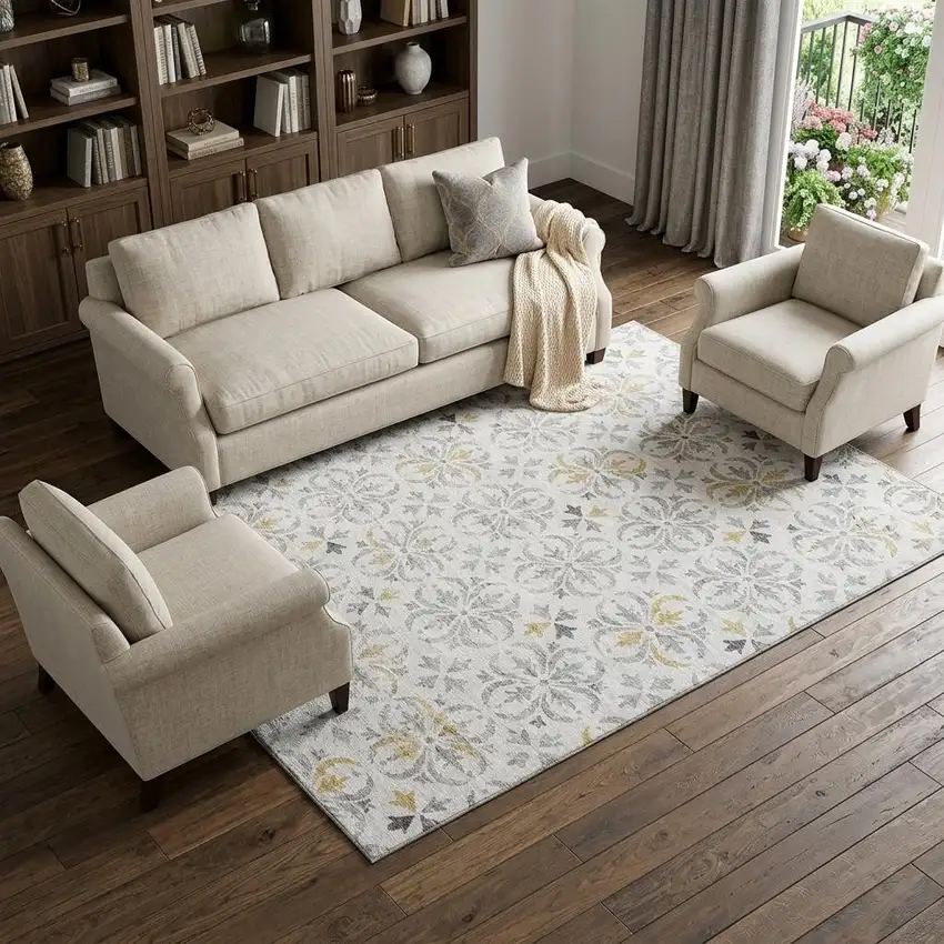 Silver And Gray Floral Washable Area Rug With UV Protection Photo 1