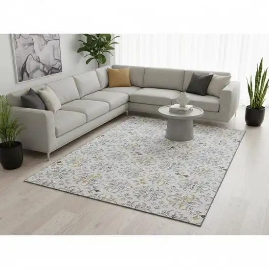 Silver And Gray Floral Washable Area Rug With UV Protection Photo 2