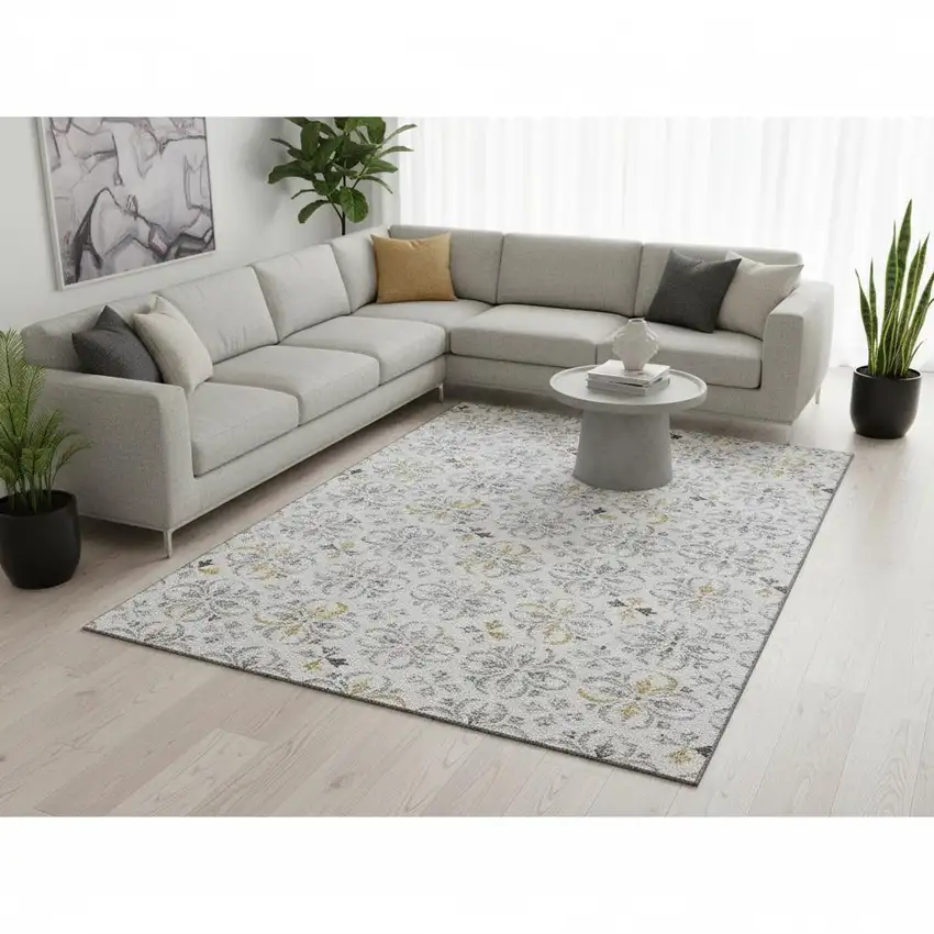 Silver And Gray Floral Washable Area Rug With UV Protection Photo 2