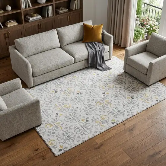 Silver And Gray Floral Washable Area Rug With UV Protection Photo 1