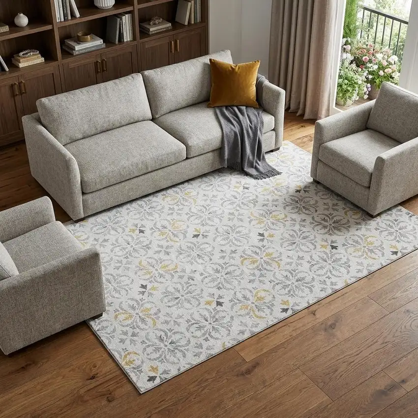 Silver And Gray Floral Washable Area Rug With UV Protection Photo 1