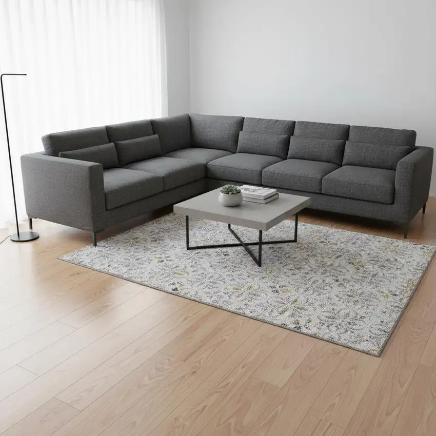 Silver And Gray Floral Washable Area Rug With UV Protection Photo 2