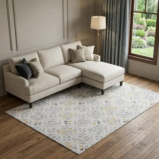 Silver And Gray Floral Washable Area Rug With UV Protection Photo 1
