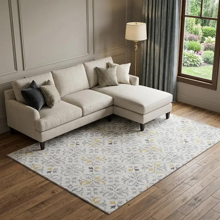 Silver And Gray Floral Washable Area Rug With UV Protection Photo 1