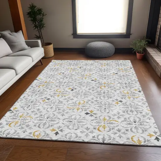 Silver And Gray Floral Washable Area Rug With UV Protection Photo 5
