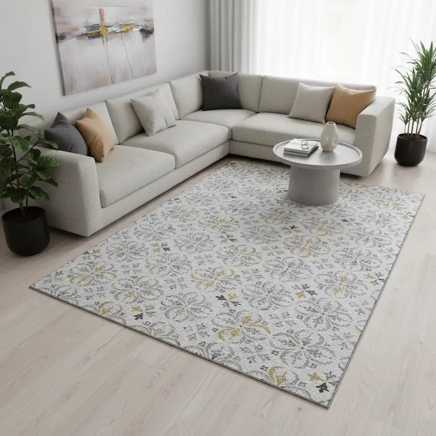 Silver And Gray Floral Washable Area Rug With UV Protection Photo 2