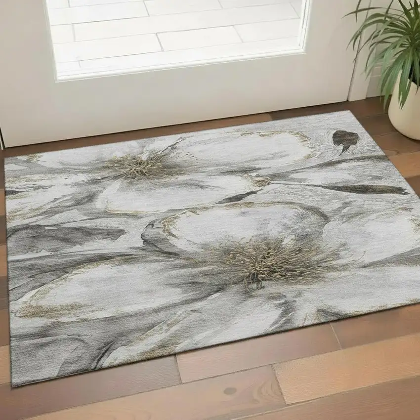 Silver And Gray Floral Washable Area Rug With UV Protection Photo 2