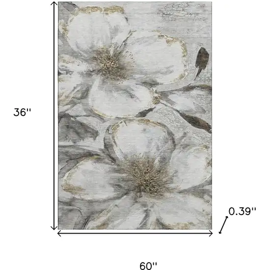 Silver And Gray Floral Washable Area Rug With UV Protection Photo 9