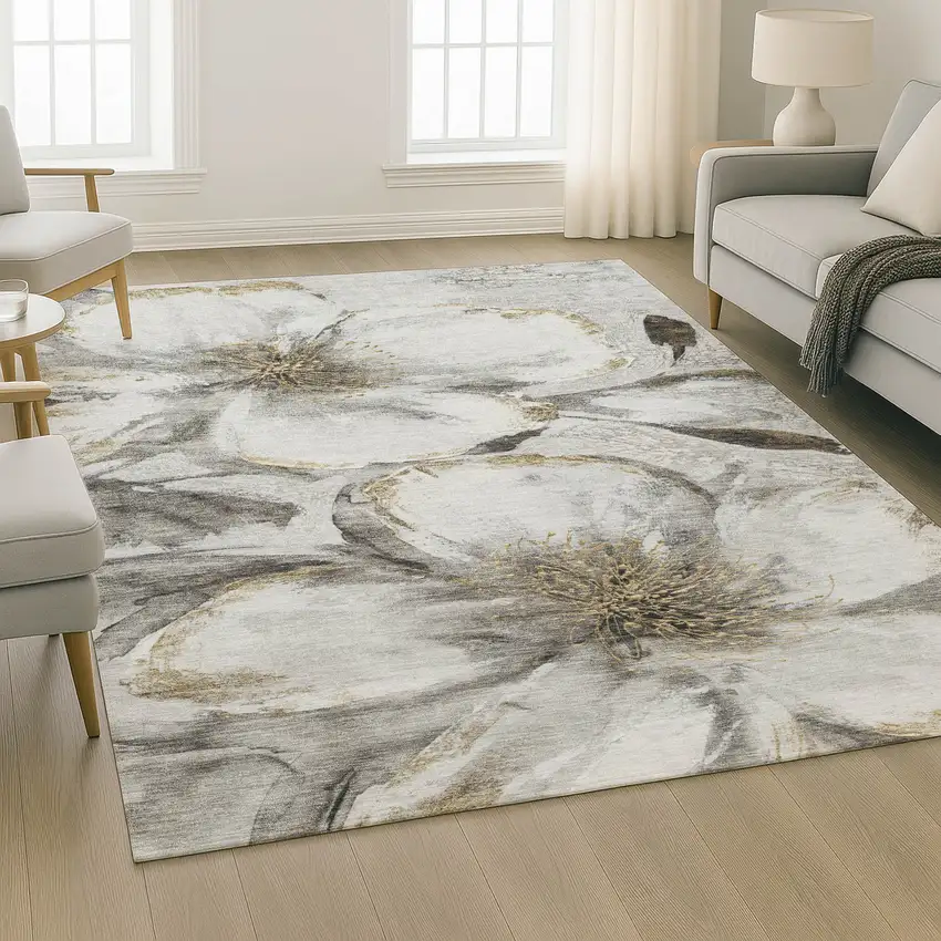 Silver And Gray Floral Washable Area Rug With UV Protection Photo 6