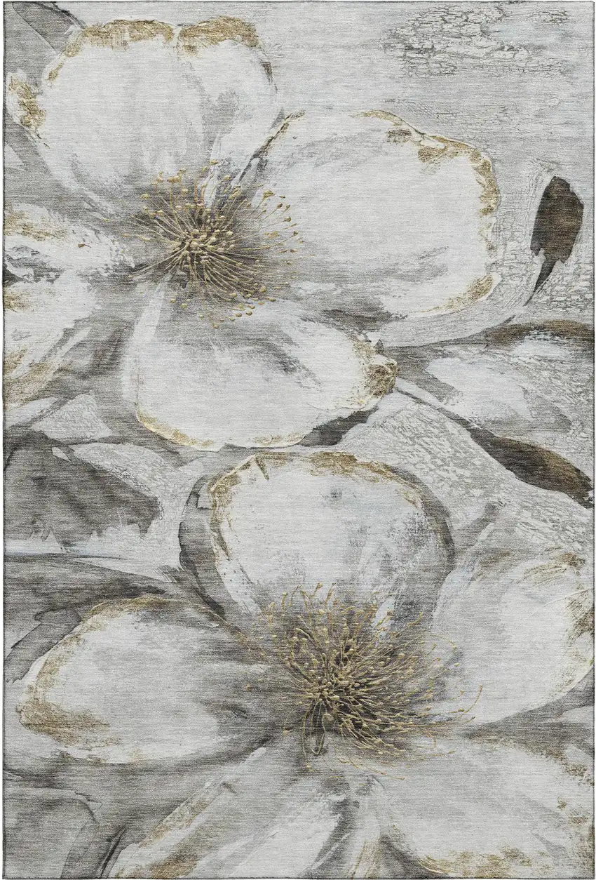 Silver And Gray Floral Washable Area Rug With UV Protection Photo 1
