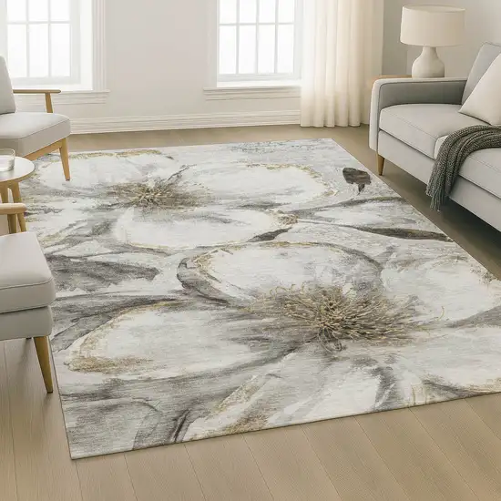 Silver And Gray Floral Washable Area Rug With UV Protection Photo 6