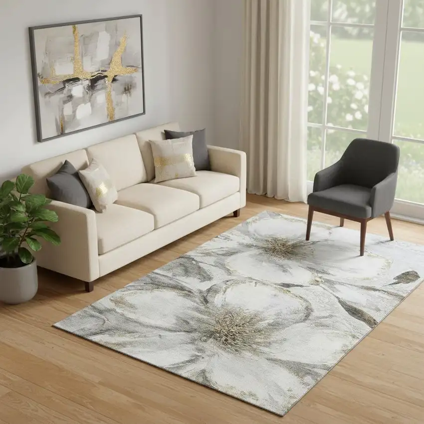 Silver And Gray Floral Washable Area Rug With UV Protection Photo 2