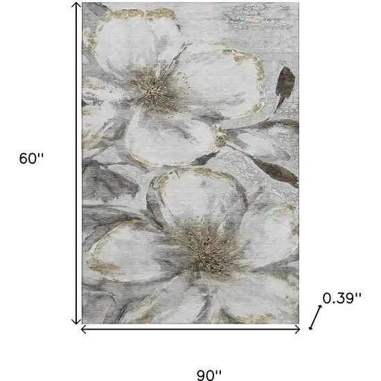 Silver And Gray Floral Washable Area Rug With UV Protection Photo 9