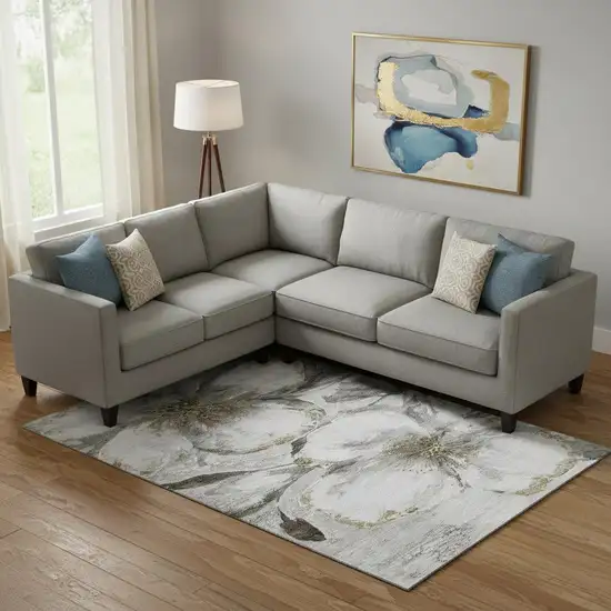 Silver And Gray Floral Washable Area Rug With UV Protection Photo 2