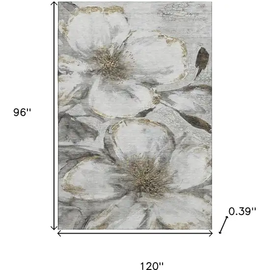 Silver And Gray Floral Washable Area Rug With UV Protection Photo 9