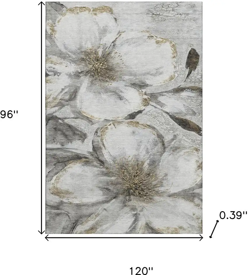 Silver And Gray Floral Washable Area Rug With UV Protection Photo 9