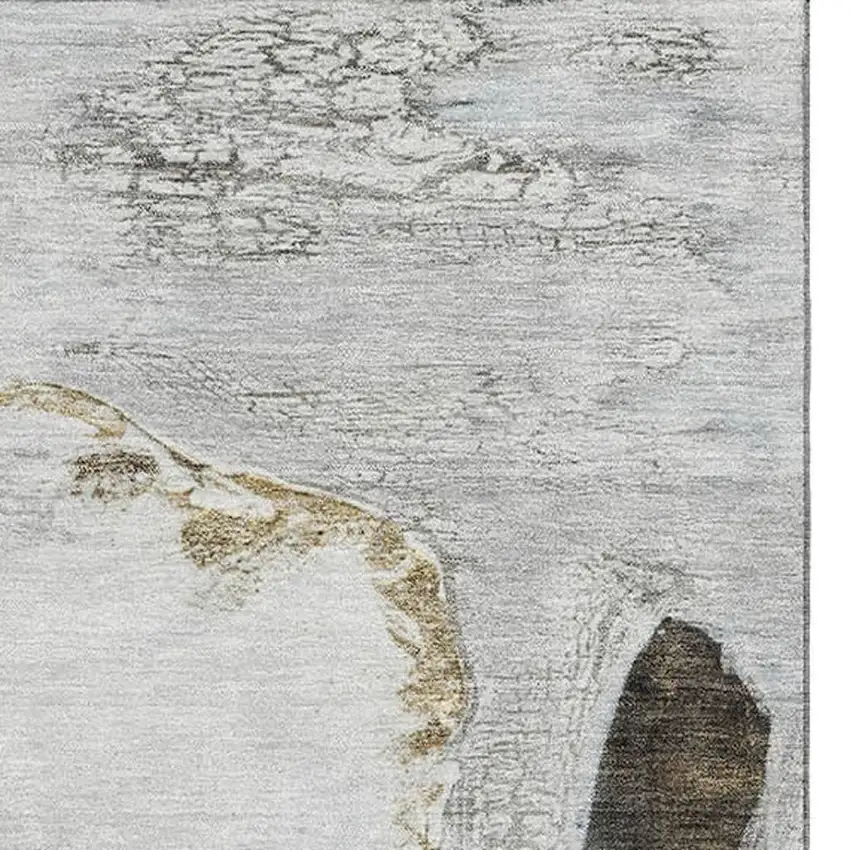 Silver And Gray Floral Washable Area Rug With UV Protection Photo 4